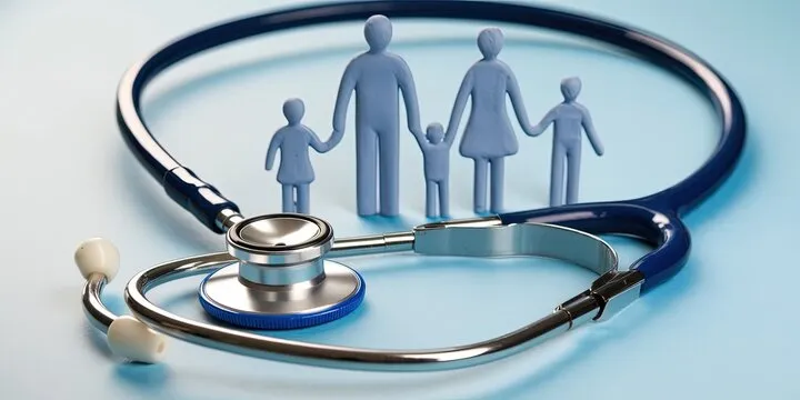Medical stethoscope surrounding a family icon, symbolizing same-day appointments in Bloomingdale