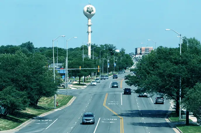 Main street view and water tower in Wood Dale, IL, for Swan Primary Care medical care.